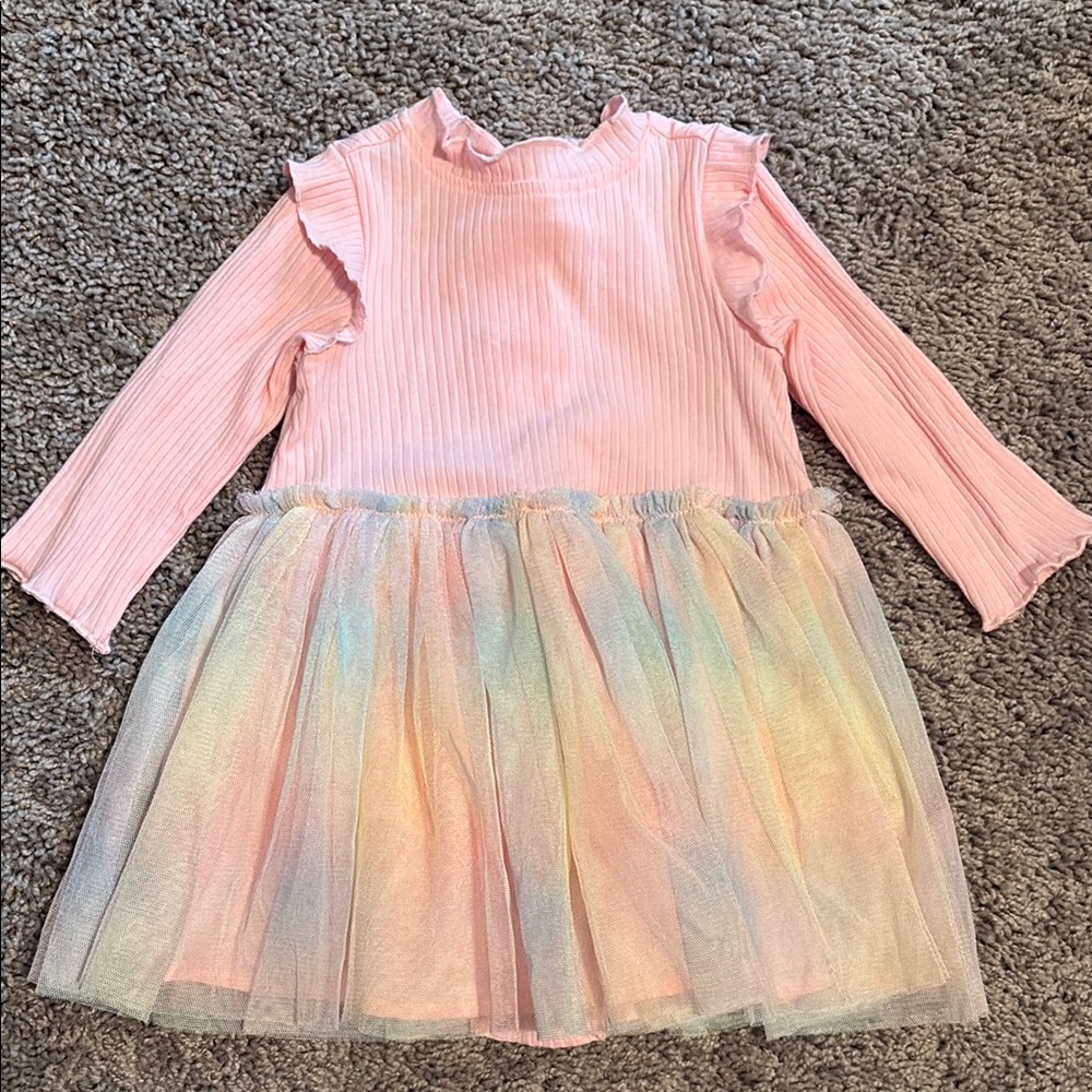 Pink Long Sleeve Dress with Rainbow Tulle Skirt